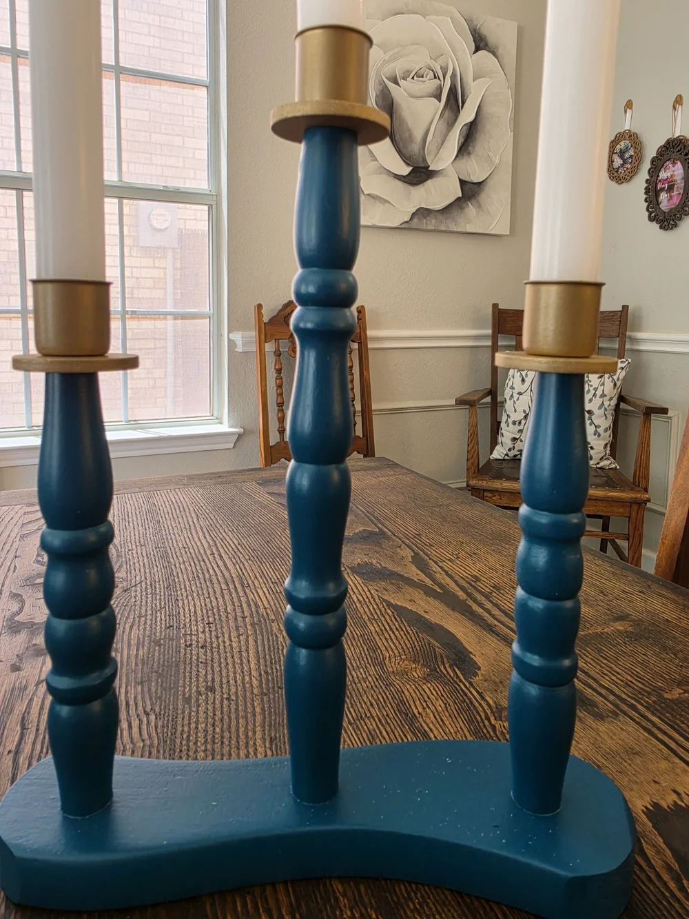 Deep Teal Blue Wood 3-Arm Taper Candle Candelabra Centerpiece Gold Metal Cups